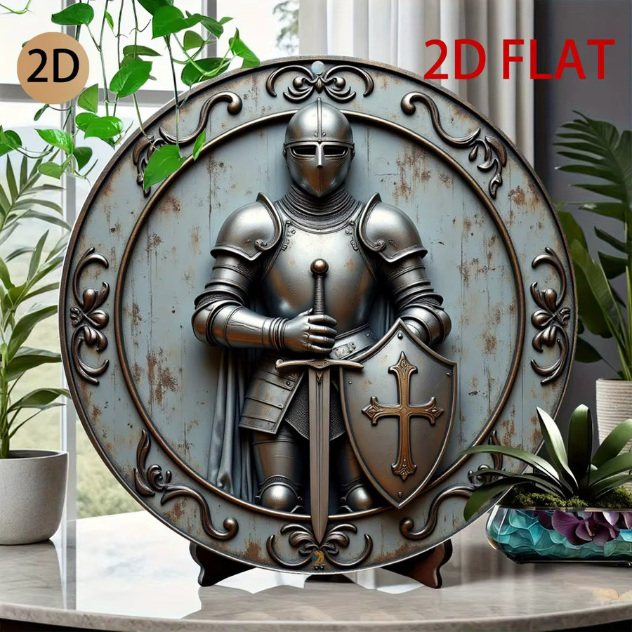 CIFBUY Mittelalterlicher Ritter Wandkunst aus Aluminium, rundes 3D-Schild in Silber, Dekor für Zuhause und Garten - Bild 5