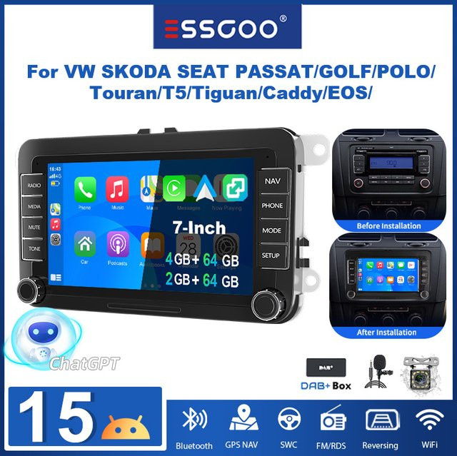ESSGOO Android 15 7-Zoll VW Autoradio mit Wireless Carplay und Android Auto, 4GB RAM 64GB ROM, Plug-and-Play mit GPS, WLAN und Bluetooth, kompatibel mit VW Golf 5/6/7, Polo und Passat, Schwarz - Bild 1