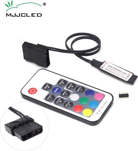 MJJC SATA RGB-LED-Controller für PC-Lüfter und Streifenbeleuchtung, 12 V DC 5050, Schwarz, mit kabelloser Fernbedienung und RF17-Tasten - Bild 1