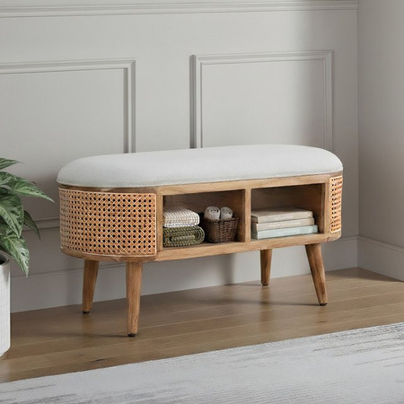 Finebuy Sitzbank im Boho-Stil mit Schuhregal aus Holz und Rattan, Farbe: Weiß, Breite: 90 cm