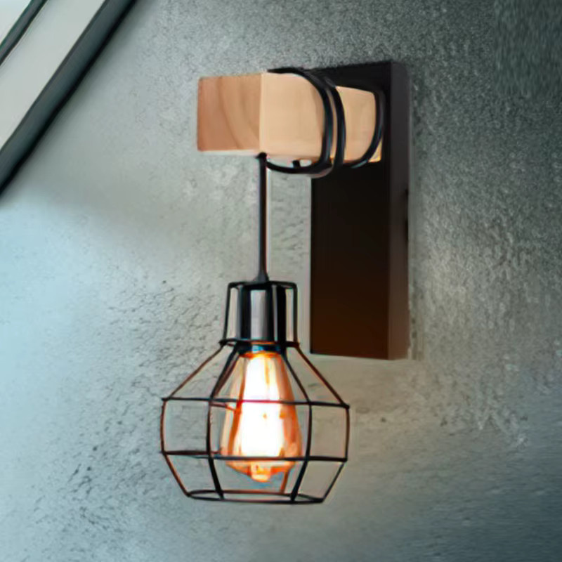 JOYINLED Wandleuchte Moderne Retro Nachttischlampe im Käfig-Design Schwarz mit Holzsockel WL0334 - Bild 2