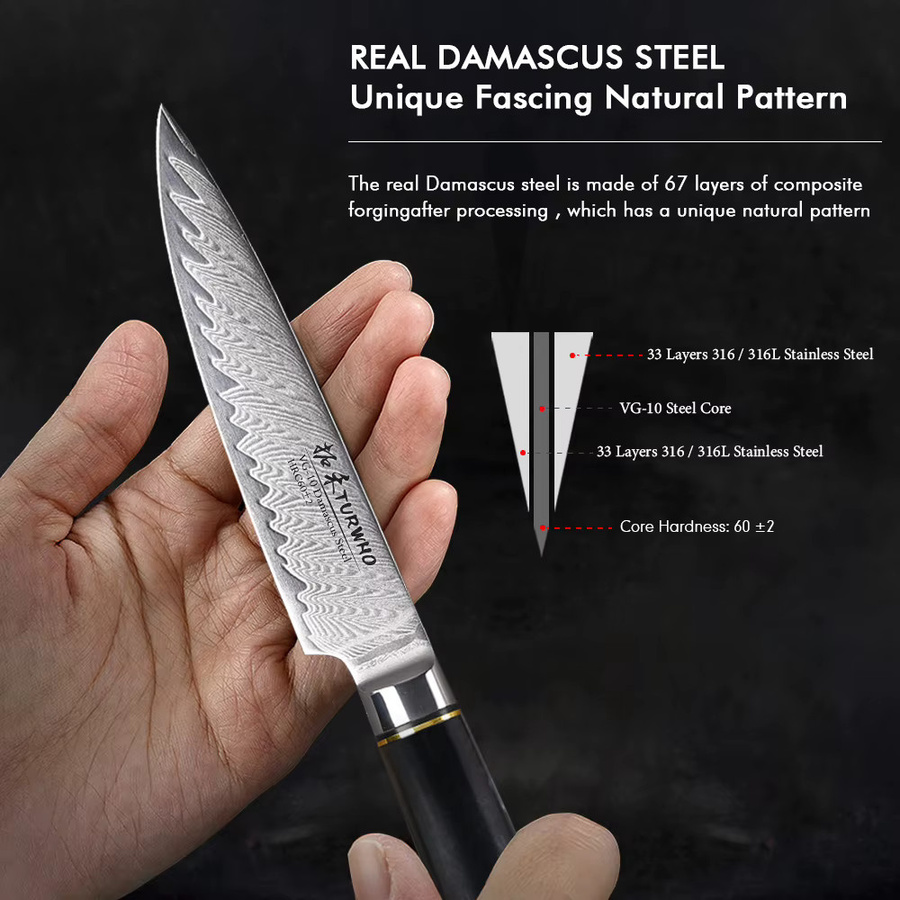 Turwho Utility Messer aus japanischem Damast Stahl mit Harzgriff in Silber - Bild 5