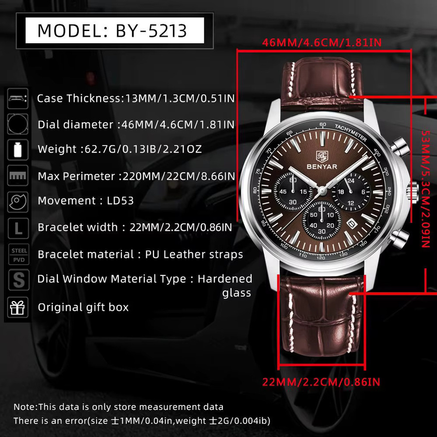 BENYAR Armbanduhr, Quarz, Saphirglas, 46 mm, Leder, Herren - Bild 5