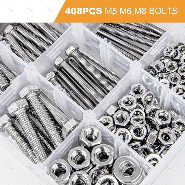 408-teiliges Edelstahl Set mit M5 M6 M8 Schrauben Muttern und Unterlegscheiben in Silber - Bild 1