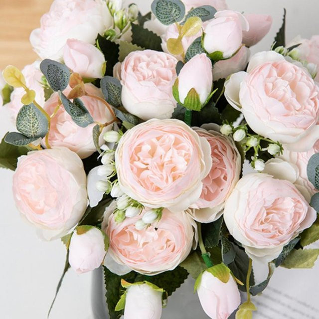 ZQCY Künstlicher Pfingstrosen-Blumenstrauß aus Seide in Milchweiß, Höhe: 30 cm - Bild 1