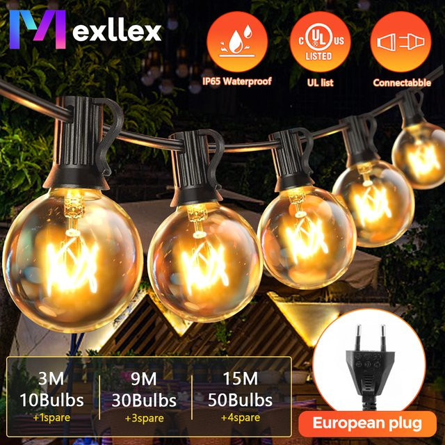 Mexllex G40 Wolfram Lichterkette für Terrasse und Außenbereich, 15m Vintage Glaskugeln in Warmweiß, Transparent - Bild 1