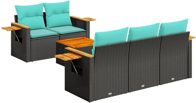 vidaXL 6-teilige Garten-Sofagarnitur aus Poly-Rattan und Akazienholz in Schwarz mit blauen Kissen - Bild 1