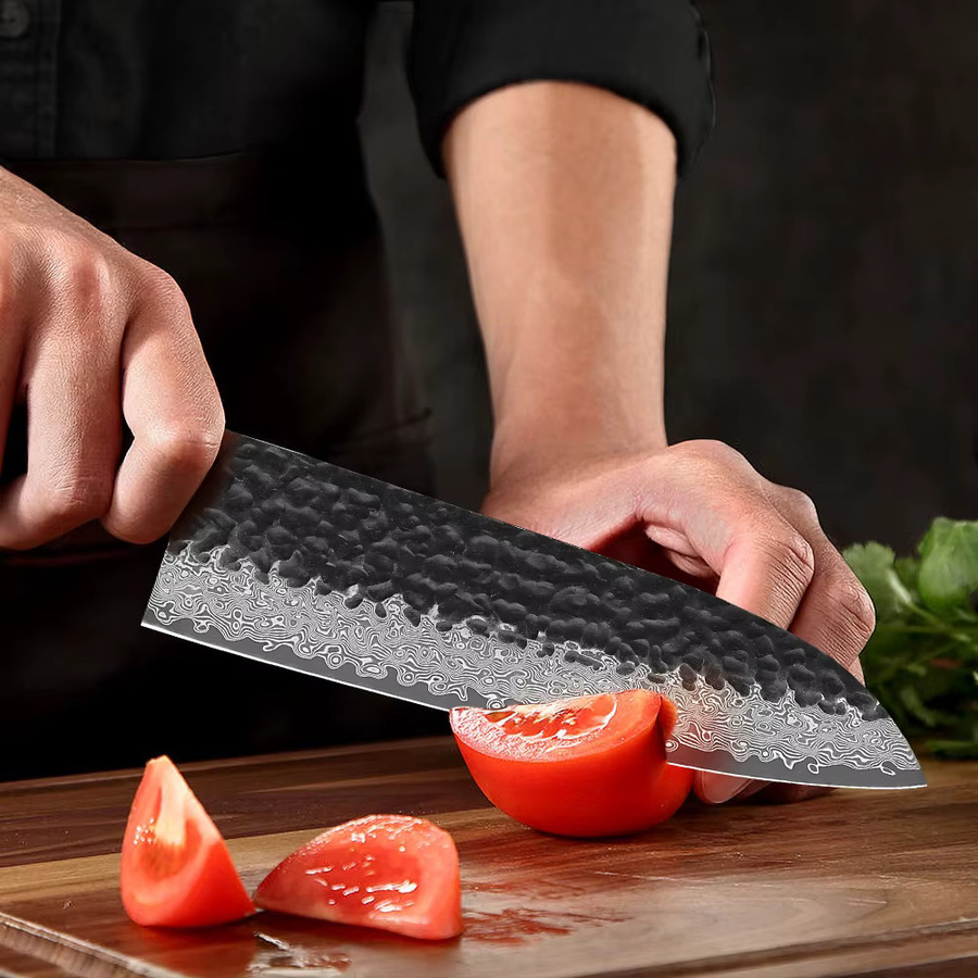 TURWHO Santokumesser aus Damaststahl VG10 mit Holzgriff, handgeschmiedetes japanisches Kochmesser für Fleisch und Gemüse, Silber, Klinge: 17,8 cm - Bild 3