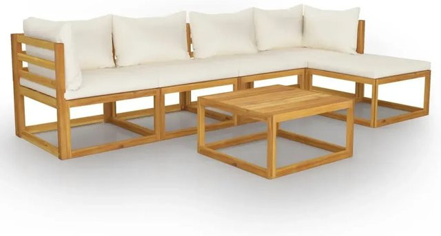 vidaXL 6-teiliges Garten-Lounge-Set aus massivem Akazienholz in L-Form mit cremefarbenen Polstern - Bild 1