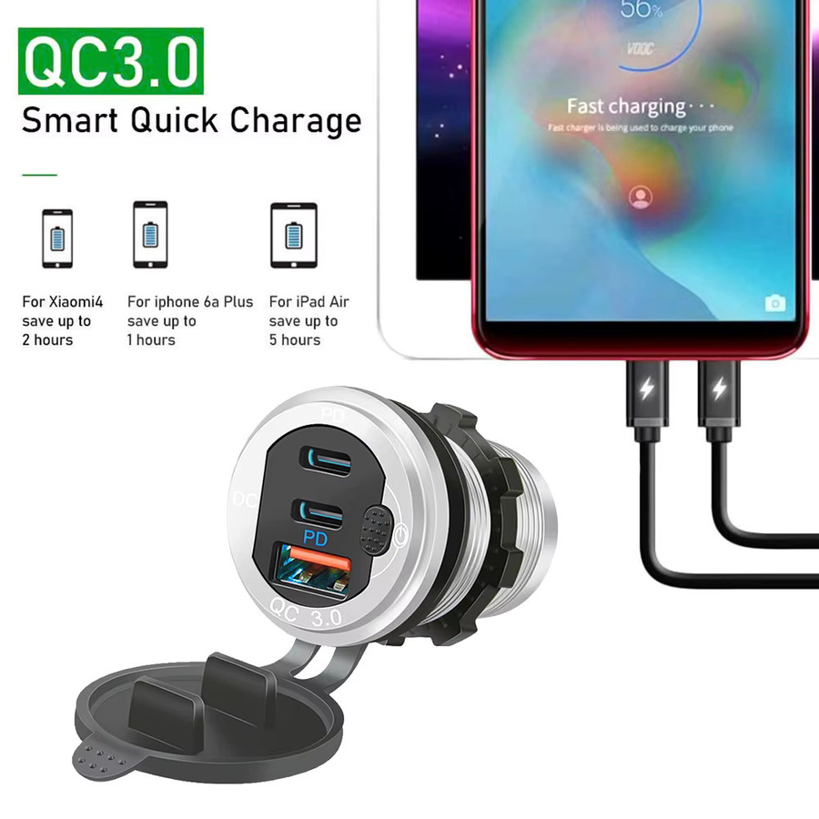 Kebidumei 12/24 V Autoladegerät mit 3 Ports, QC 3.0 und PD Typ C Schnellladegerät-Adapter aus Aluminium in Silber - Bild 4