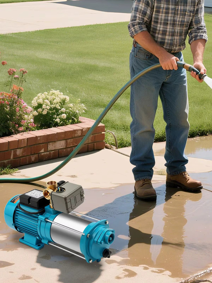 Edelstahl-Kreiselpumpe mit Druckanzeige in Blau und Türkis, 1300W für Gartenbewässerung, Brunnen und Haushaltswasserdruckverstärkung - Bild 1