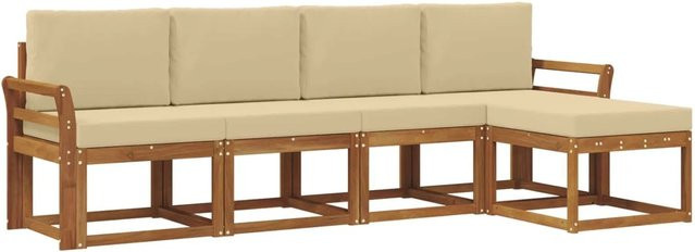 vidaXL Outdoor-Sofagarnitur aus Massivholz Akazie in Natur und Beige, 5-teiliges L-Shape Set mit Hocker und wetterfesten Kissen - Bild 1