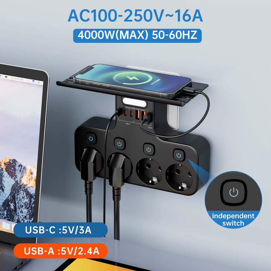 DODOYESANA Multifunktionssteckdose mit USB-C-Anschlüssen und intelligentem Nachtlicht, 4000 W, Schwarz - Bild 2