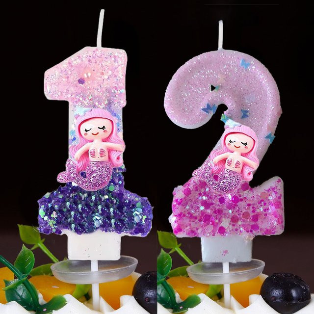 MINISO Digitale Kerze mit Meerjungfrau Cartoon-Muster in Lila und Rosa für deine Geburtstagstorte und Party-Dekoration - Bild 1