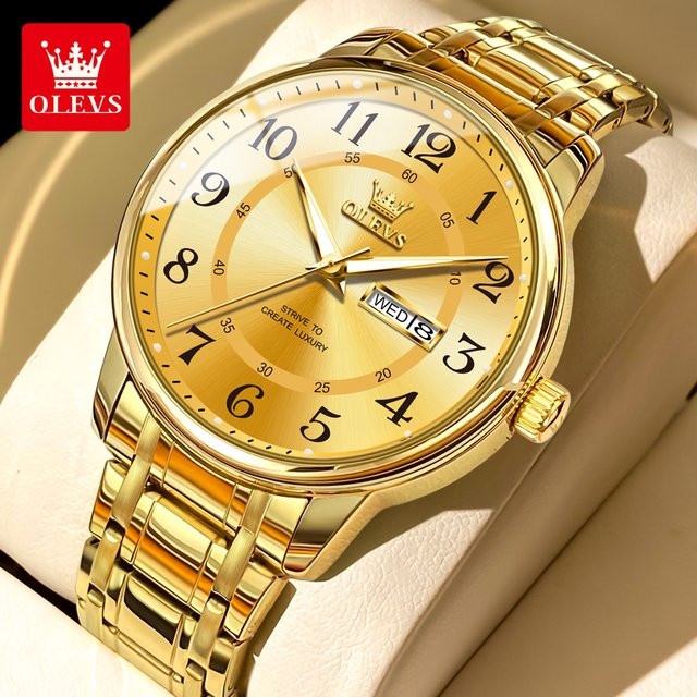 Olevs Armbanduhr Quarz, Edelstahl, Gold, Herren, Dual Kalender Display - Bild 1