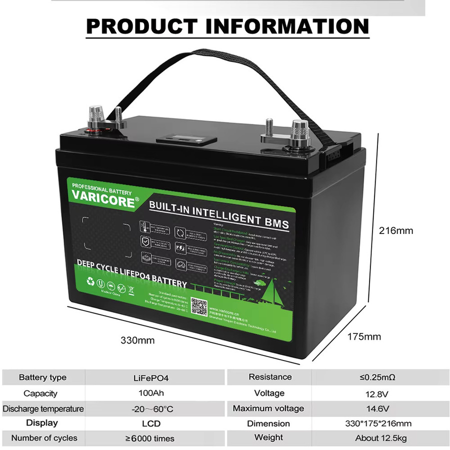 VariCore LiFePO4 Batterie 12V/12,8V 100Ah in Schwarz für EV Energiespeicher, Golfcarts, Wohnmobile, Offroad, Solar und Wind - Bild 3