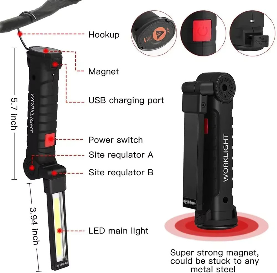 XIWANGFIRE Tragbare COB LED Taschenlampe mit Magnet und USB-Aufladung, Schwarze Camping-Arbeitsleuchte als Hängelampe - Bild 3