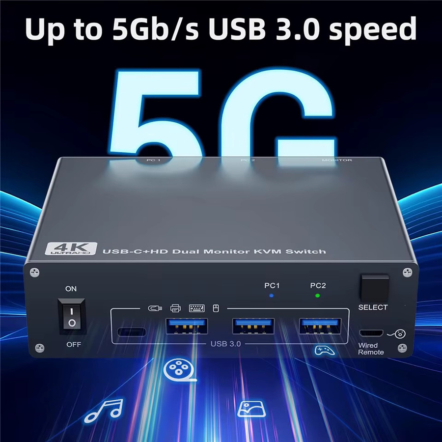 Navceker USB 3.0 USB-C HDMI KVM-Switch für Dual-Monitor, 4K 60Hz, Grau, kompatibel mit MacBook und 2 PCs - Bild 3