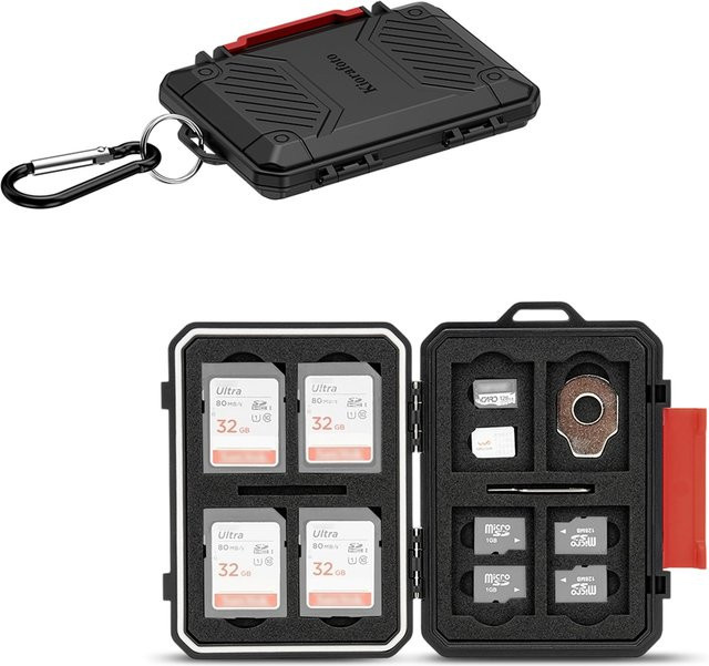 KIWIFOTOS Speicherkartenetui in Schwarz mit 22 Steckplätzen für 8 SD SDHC SDXC Karten, 12 MicroSD TF MSD Karten und 2 Nano-SIM Karten - Bild 1