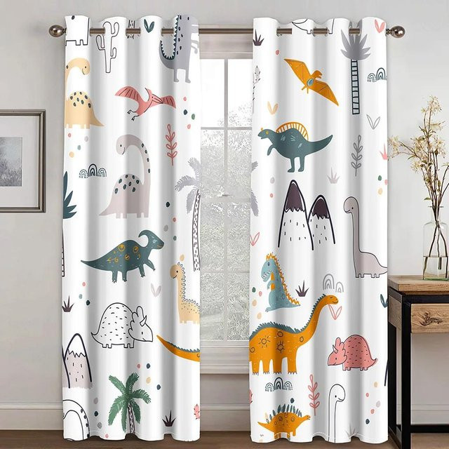 2er-Set Yiran Furniture Vorhänge mit Dinosaurier-Motiv aus Polyester, halbtransparent, B: 88 cm, H: 220 cm - Bild 1