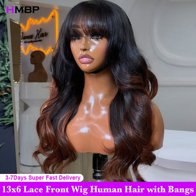 HMBP Body Wave Echthaarperücke mit Pony, Ombre Blonde, 13x6 HD Lace Frontal - Bild 1
