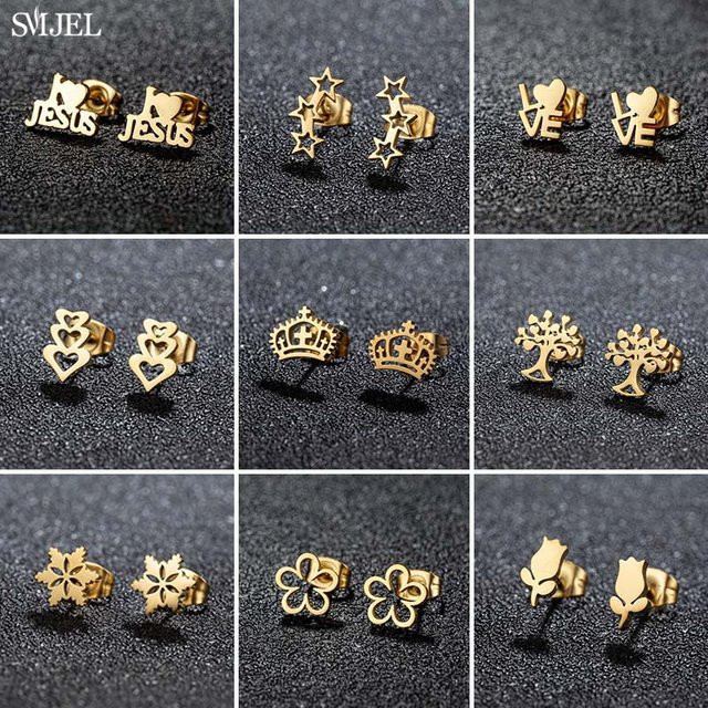 SMJEL Ohrringe Edelstahl, Goldene, Stern Herz Krone Blume, Unisex - Bild 1