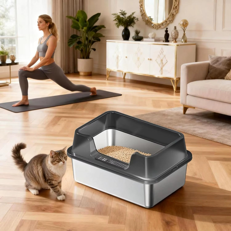 Garvee Hochwandige Katzentoilette aus Edelstahl in Schwarz mit Gitterdesign, B/T/H: 50 x 35 x 27 cm - Bild 6