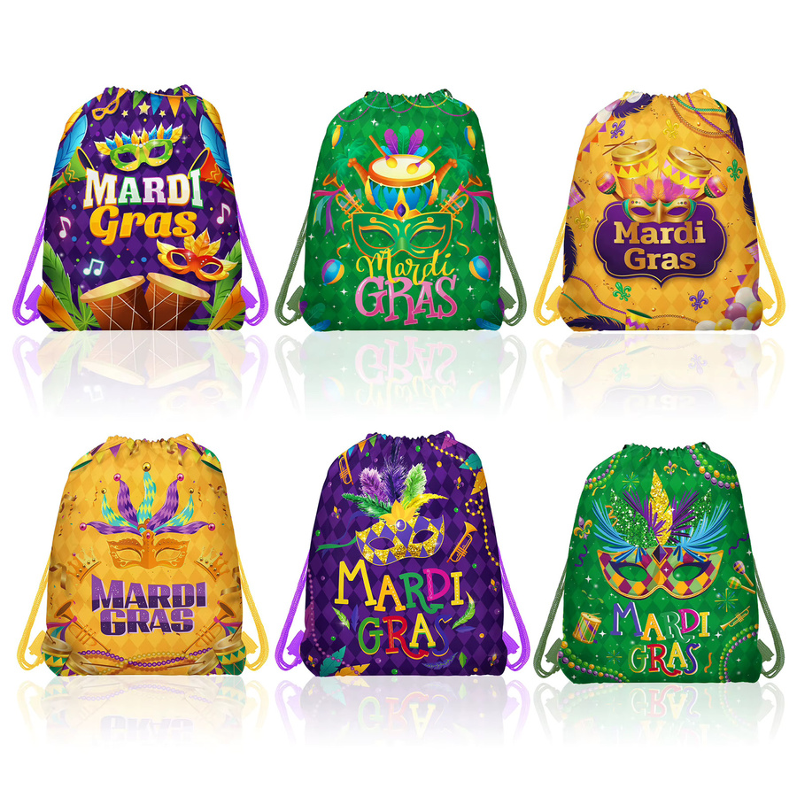 10 Stück Mardi Gras Vlies-Geschenkbeutel mit Maskenmuster und Kordelzug in Multicolour als Partyzubehör und Aufbewahrungsbeutel - Bild 2