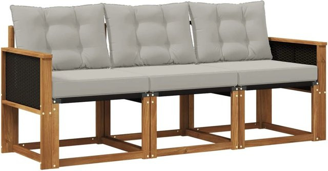 vidaXL Outdoor-Sofagarnitur aus massivem Akazienholz mit Textilene und Kissen in Beige und Grau - Bild 1