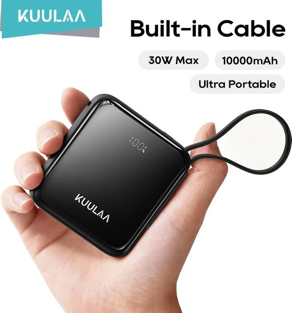 KUULAA Mini Powerbank 10000mAh mit integriertem USB-C-Kabel, 35W Schnellladegerät, Schwarz - Bild 1