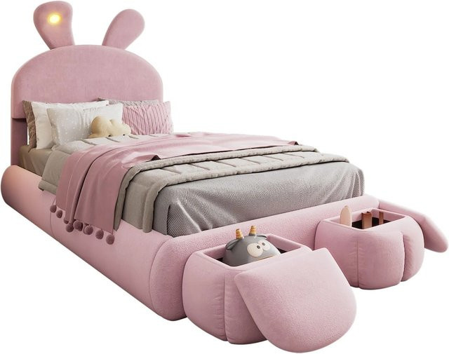 PXloue Kinderbett mit Hasenohren und LED-Licht aus Samt in Rosa mit Aufbewahrungshocker, B/T/H: 237 x 90 x 104 cm - Bild 1