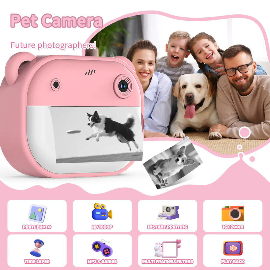 Digitale Kinder-Sofortdruckkamera in Rosa mit 1080P Videorecorder, tragbare Druckkamera mit 32G-Speicher und integrierten Spielen für Kinder - Bild 3