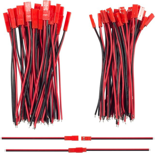 AOKIN JST-Stecker Set 2-polig, 10 Paar, männlich und weiblich, 22 AWG, rot, 10 cm Länge für LED-Streifen und RC-Spielzeug - Bild 1