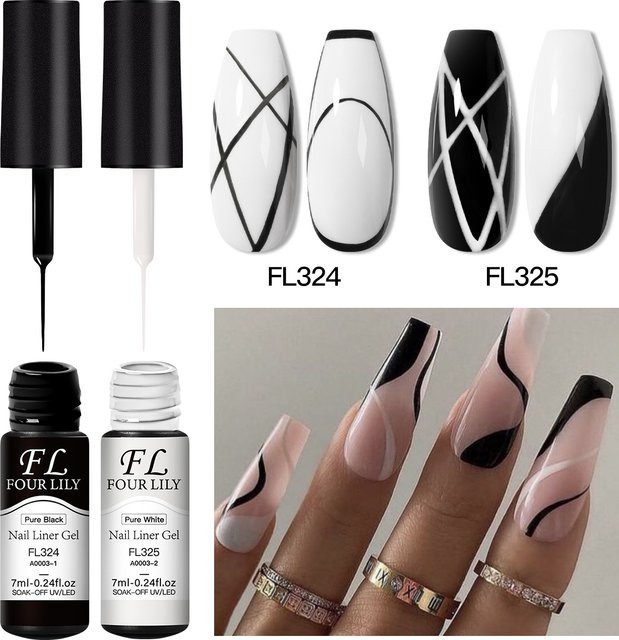 Four Lily Nagel Liner Gel Kit, Schwarz Weiß Gold Silber, DIY Nagel Design - Bild 1
