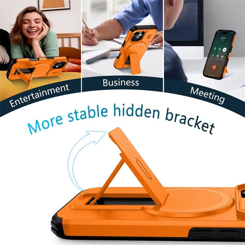 OLPAY Magnetische Panzerhülle mit Objektivschutz und Klapphalterung für iPhone 17 Air, 16, 15, 14, 13 Pro Max Plus, MagSafe kompatibel, Schwarz/Orange - Bild 4