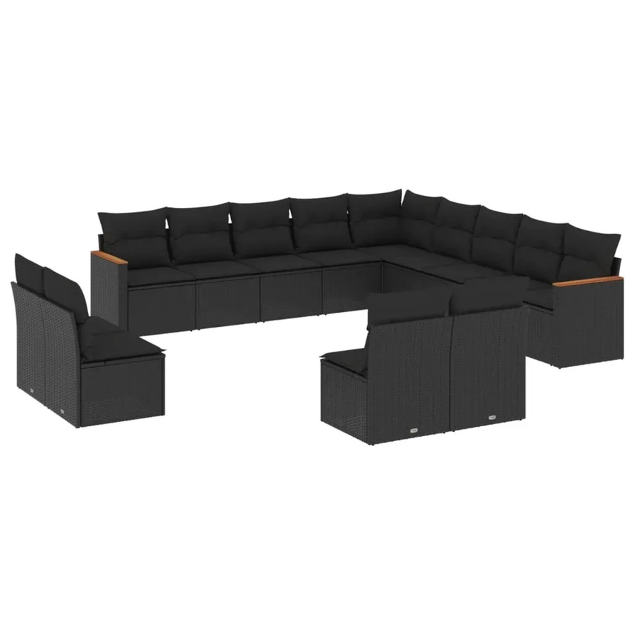 vidaXL 13-tlg. Garten-Sofagarnitur aus Poly-Rattan und Akazienholz in Schwarz mit Kissen und Stauraum - Bild 2