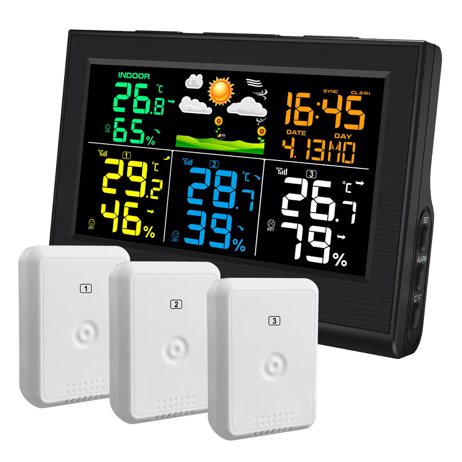 Urageuxy Drahtlose Wetterstation in Schwarz mit 3 Sensoren, Wecker, Innen- und Außenthermometer, Hygrometer sowie Wettervorhersage und 300 Fuß Reichweite - Bild 7