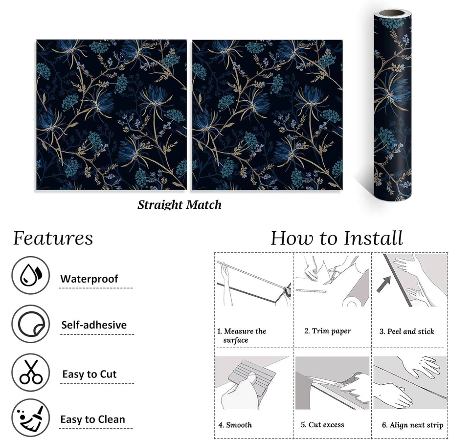Meihodan Selbstklebende Tapete mit Dunklem Löwenzahn-Blumenmuster in Blau, Vintage Botanik Wandgestaltung zum Abziehen und Aufkleben - Bild 5