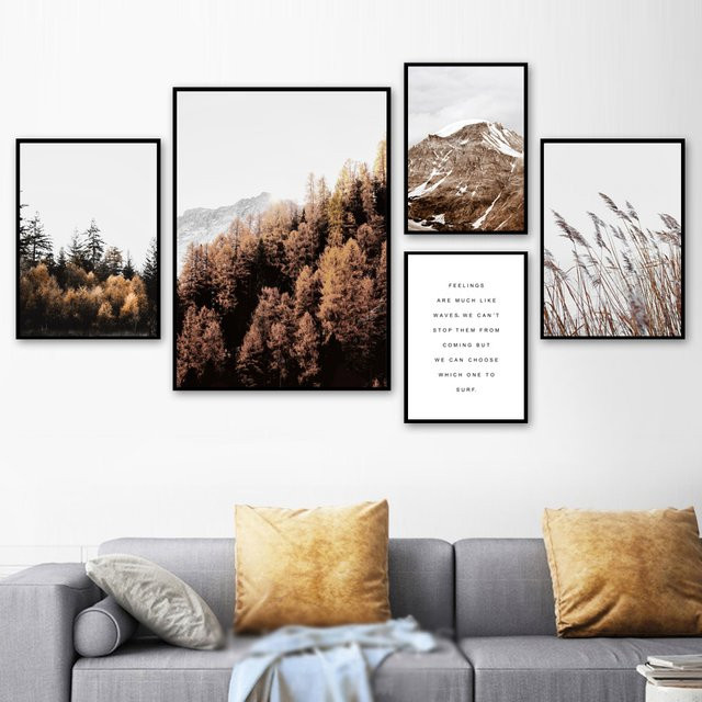 Potdemiel Wandkunst Leinwand mit Schnee Berg Reed Wald Landschaft im Nordic Stil - Bild 1