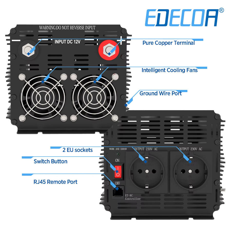 EDECOA Reiner Sinus-Wechselrichter DC 12V zu AC 220V 230V in Schwarz - Bild 2