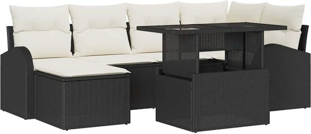 vidaXL Garten-Sofa-Set 7-tlg. in Schwarz und Beige mit Kissen, L-Form, wetterfest und UV-beständig - Bild 1
