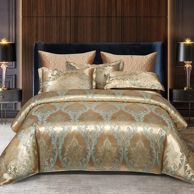 Bin Chi Textiles Jacquard Bettwäscheset mit floralem Muster in Gold, 4-teiliges Satin-Bettwäscheset aus Polyester, B/H: 240 x 220 cm - Bild 1
