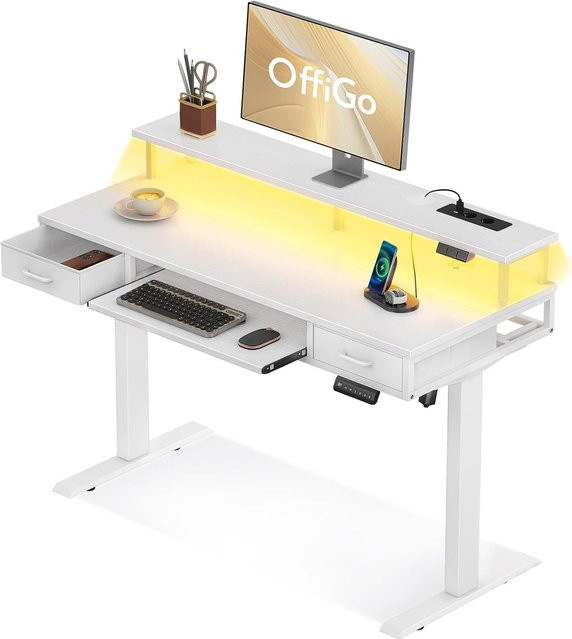 OffiGo Elektrischer Schreibtisch Höhenverstellbar in Weiß mit Tastaturablage und Schubladen, Breite: 120 cm - Bild 1