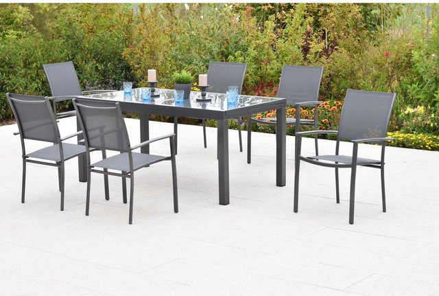 Merxx Gartenmöbel-Set Milano 7-teilig in Grau mit ausziehbarem Glastisch und Stapelsesseln aus Aluminium - Bild 2