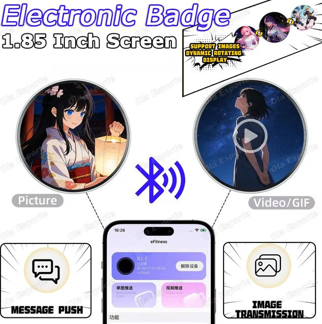 Ola Esporte Elektronisches Bluetooth Digital Badge mit 1,85 Zoll Touchscreen und LED für DIY Foto- und Videowiedergabe in Schwarz oder Weiß - Bild 1