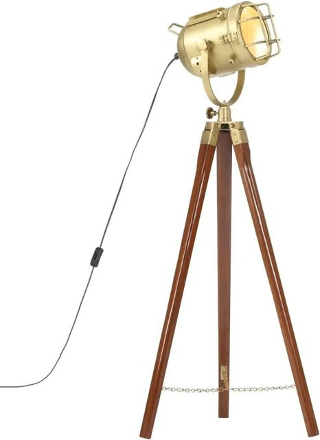 vidaXL Stehleuchte Dreibein aus Massivholz und Metall in Braun und Gold/Messing, Höhe: 97 cm - Bild 1