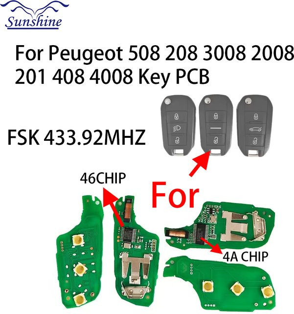 Sunshine Autoschlüssel mit ID46/4A Chip PCF7941/7945 5FA010 für Peugeot 208 2008 301 308 508 5008 Citroen C4 Cactus C-Elysee und Opel - Bild 1