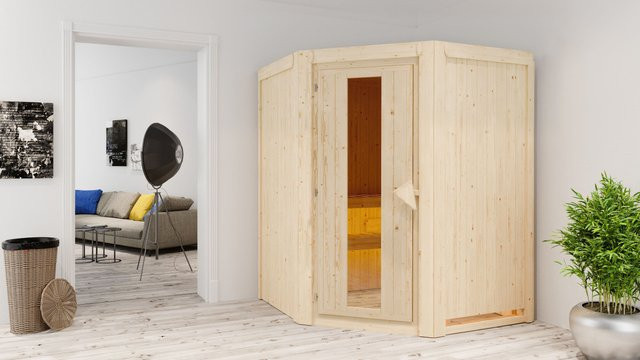 Karibu Sauna LARIN aus Espe und Fichte mit 9,0 kW Ofen, integrierter Steuerung und Energiespartür, B/T/H: 151 x 151 x 198 cm - Bild 2