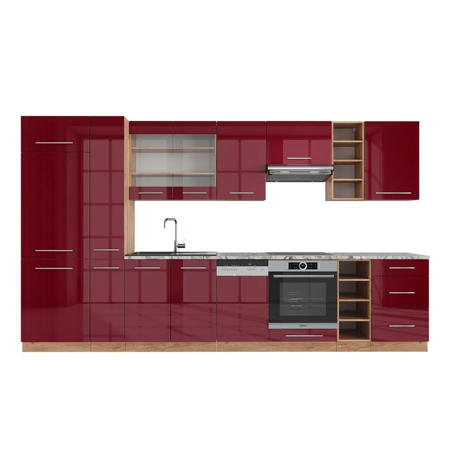 Vicco Fame-Line Küchenzeile Bordeaux Hochglanz und Goldkraft Eiche mit Marmor-Optik, Breite: 355 cm - Bild 2