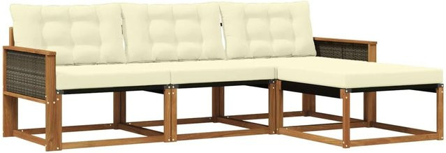 vidaXL Outdoor-Sofagarnitur in L-Form aus Akazienholz mit Textilene und Kissen in Beige und Weiß - Bild 1